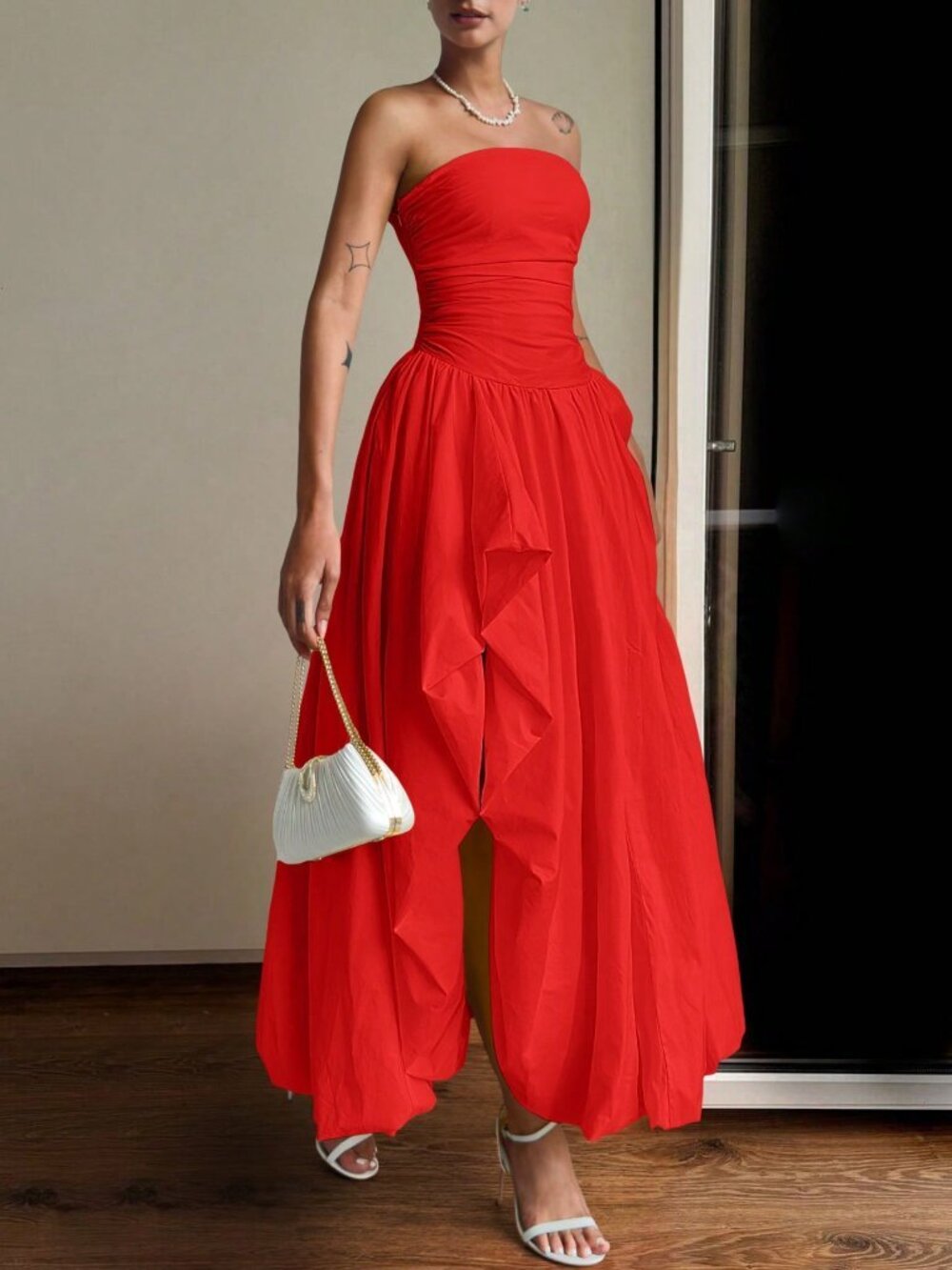 Red Elegant Women's Strapless Maxi Dress with Asymmetric Slit and Back Tie - Picture 8 of 9